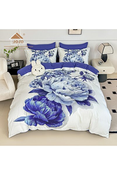 JOJO HOME Lenjerie de pat dublu din finet 5D Blue Peony – Alb si Albastru Reg...