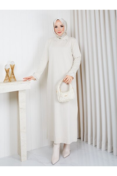nacar çarşı Women's Polo Collar Cold Yarn Cream Knitwear Dress Standard Size ...
