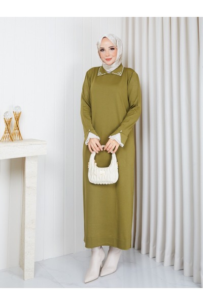 nacar çarşı Damen-Strickkleid mit Polokragen aus kaltem Garn in Ölgrün, passe...