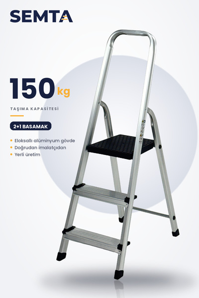 SEMTA Katlanır Alüminyum Merdiven 2+1 Basamaklı Platformlu Kaymaz Ev Tipi 150 kg