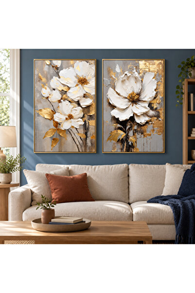 Markazip Altın Manolya İkilisi Metal Çerçeveli 50x70cm İkili Kanvas Tablo LK9...
