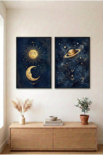 huhuli 2-Piece Sun, Moon and Planet Black Wooden Framed Mdf Living Room Paint...