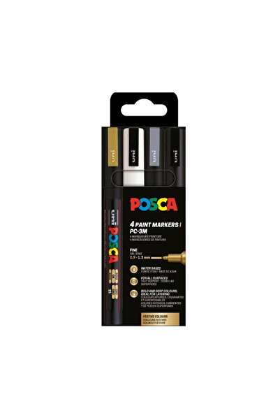 POSCA Marker PC-3M Posca, set 4 culori, 0.9-1.3 mm, varf rotund, (negru, argi...