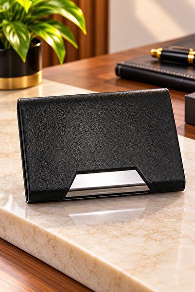 Generic Brand Elegant Black Card Holder with Metal Details