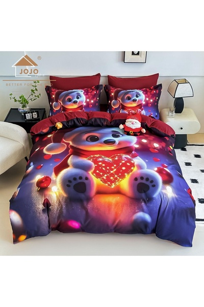 JOJO HOME 🎄 Lenjerie de Pat 6 Piese Craciun Visiniu | Ursulet cu Inima Lumin...