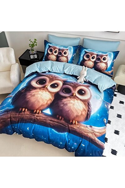 JOJO HOME 🦉 Lenjerie de Pat 6 Piese Albastru | Bufnite pe Ramura | Imprimeu ...