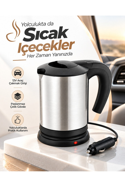 FAROUKİ Yolculuk ve Seyahat İçin 12V Araç Uyumlu Paslanmaz Çelik Elektrikli Su Isıtıcı Kettle