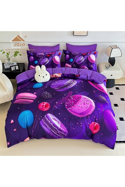 JOJO HOME Lenjerie de pat dublu din finet 5D Sweet Macarons – Mov si Roz cu M...