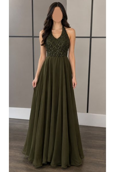 SERA Olive Evening Dress Embroidered Cloche