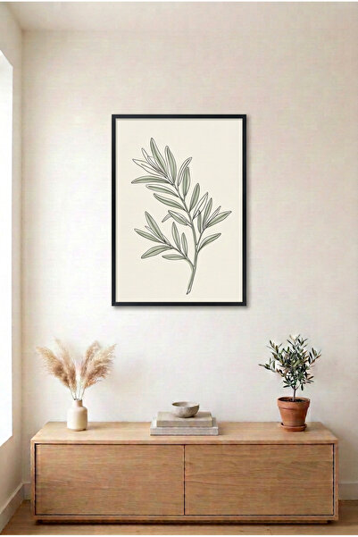 huhuli Olive Branch Drawing Black Wooden Framed Mdf Painting - Botanical Line...