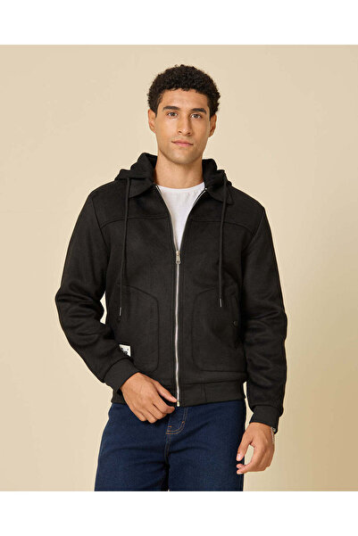 REDTAG Men Black Plain Hooded Suede Jacket