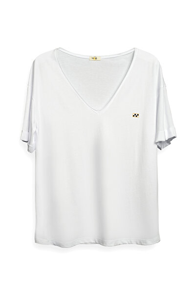 Kadın Beyaz V Yaka Duble Kol Dama Logo T-Shirt