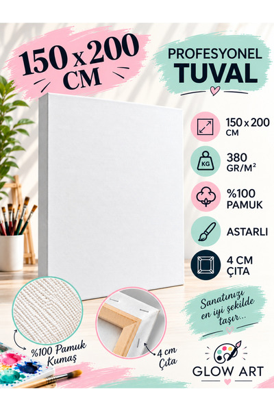 GLOW ART Profesyonel Resim Tuval Uzun Ömürlü 150X200 cm Astarlı 4 cm Kalın Çıtalı Sanatçı Tuvali
