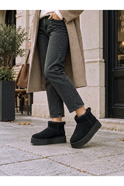 Gerok Women's Black Mini Suede Fur Lined High Thick Sole Winter Boots