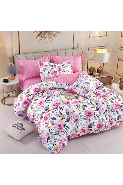 JOJO HOME Lenjerie de pat 2 persoane, tesatura tip finet, roz, 6 piese, Jo-Jo...