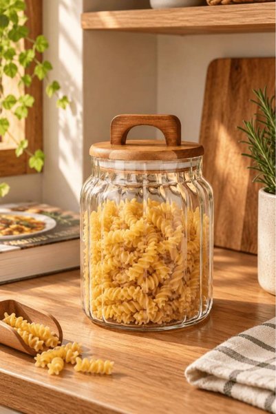 Atbyhome Akasya Kapaklı Çizgili Borosilikat Cam Kavanoz 1150 ml - Vakumlu Büy...