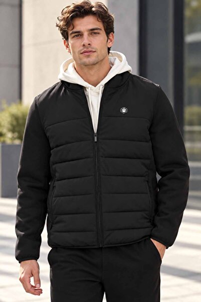 lumberjack Men's Quilted Jacket Black – Zippered Stand Collar Casual Sports Coat
