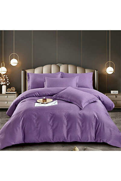 JOJO HOME Lenjerie de pat dublu, cu elastic, damasc, mov, 6 piese, DME-10