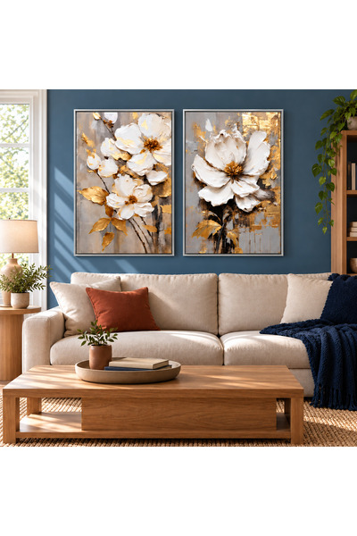 Markazip Altın Manolya İkilisi Metal Çerçeveli 50x70cm İkili Kanvas Tablo LK9...