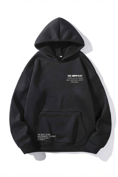 K KOZZ STYLE Unisex Μαύρο Φούτερ με Τρεις Κλωστές Σχεδιασμένο με Κουκούλα The...