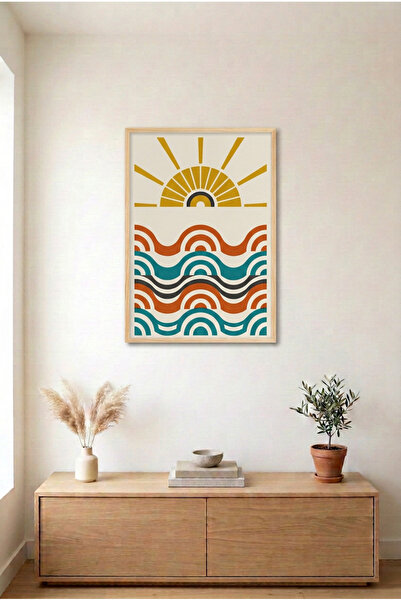 huhuli Geometric Sun and Waves Wood Framed Mdf Painting - Mid-Century Geometr...