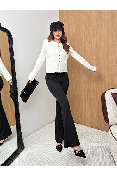 MiraMore Butik Women's Gold Buttoned Knitwear Cardigan with Pockets