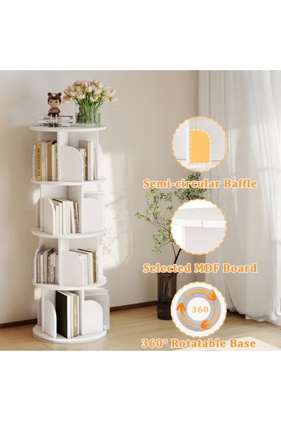 Sheinhome رف كتب دوار 360 درجة °   خزانة كتب بحاجز نصف دائري، رف تخزين كتب من خشب MDF، 3 و 4 طبقات لغرفة المعيشة، المكتب، غرفة النوم، غرفة الدراسة - أبيض/بيج