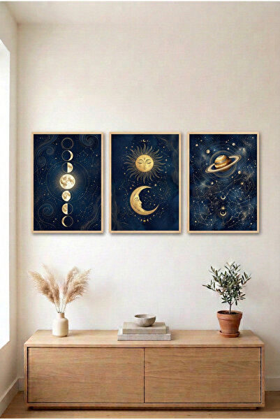huhuli 3-Piece Moon and Sky Wooden Framed Mdf Painting Set - Living Room Wall...
