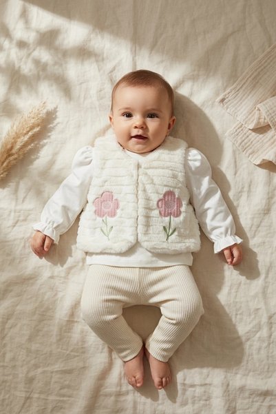 Babydonat Girl's Pink Floral Embroidered Plush Vest 3-Piece Set - Cotton Blou...