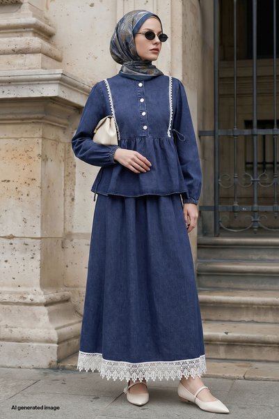 InStyle Blue Denim Suit with Laced Hem