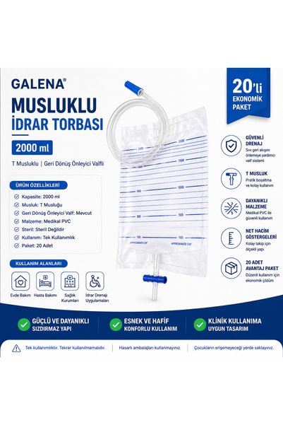 Galena Musluklu İdrar Torbası 2000 ml T Musluklu Geri Dönüş Önleyici Valfli 10'lu Paket