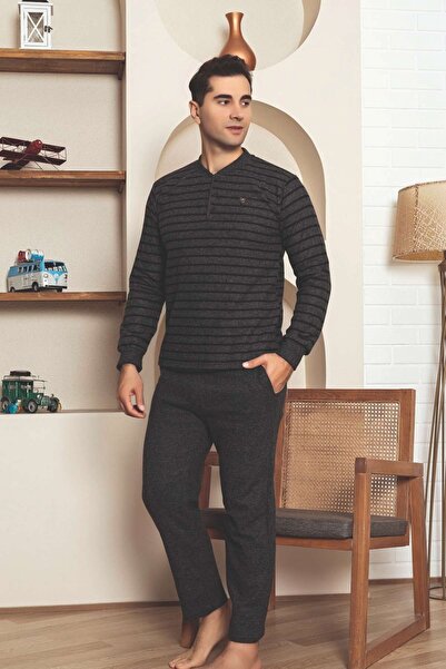 ALİMER Men's Winter Cotton Selanik Long Cuff Sleeve Pocketed Pajama Set-3 But...