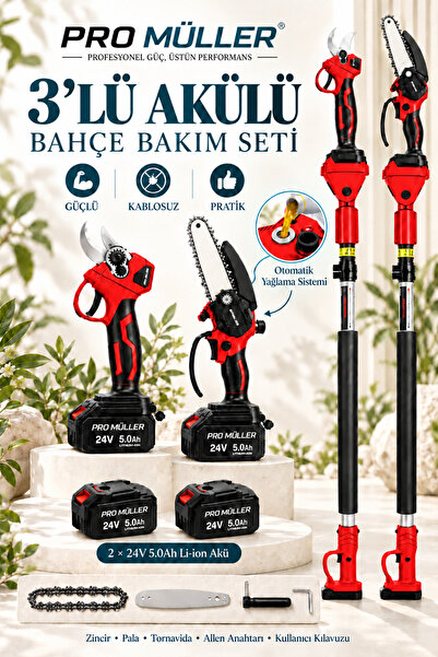 Pro Müller Alman Pro Bahçe 3'Lü Seti 24V Çift Akülü Şarjlı Teleskopik Kol Bağ...