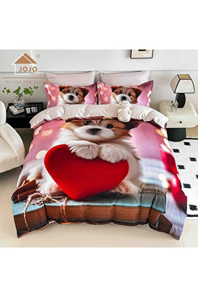 JOJO HOME Lenjerie de pat din finet 5D Roz | Catelus cu inima rosie | 4 piese...