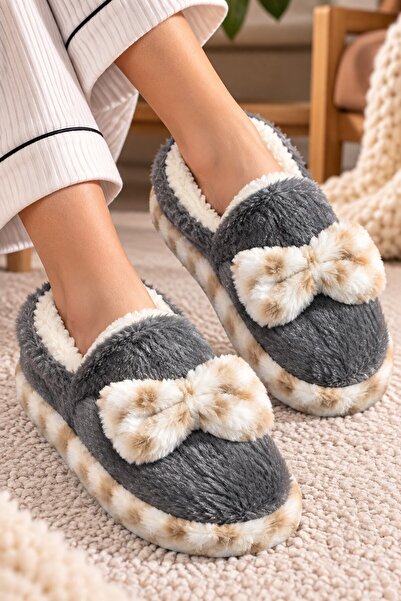 SAMURSPOR Women's - Girls' Ribbon Soft Furry Plush Slippers Home Boots Slippers