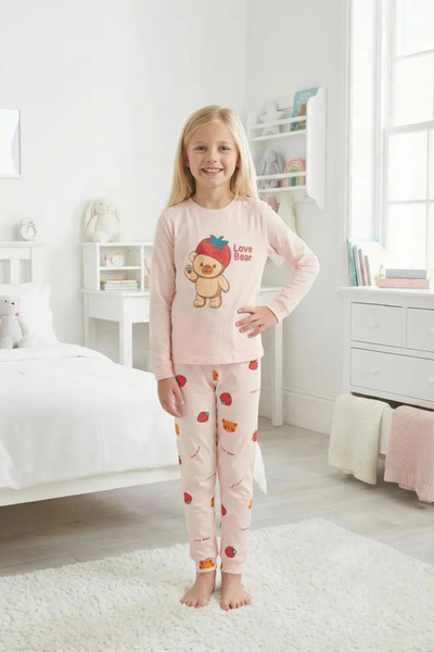 meymers Powder Color Strawberry Girls Printed Girls' Pajama Set