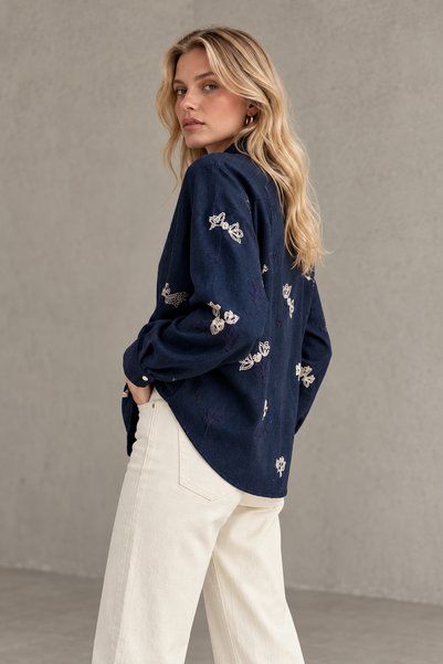 Vireo Club Women's Navy Blue Embroidery Detailed Regular Fit Shirt