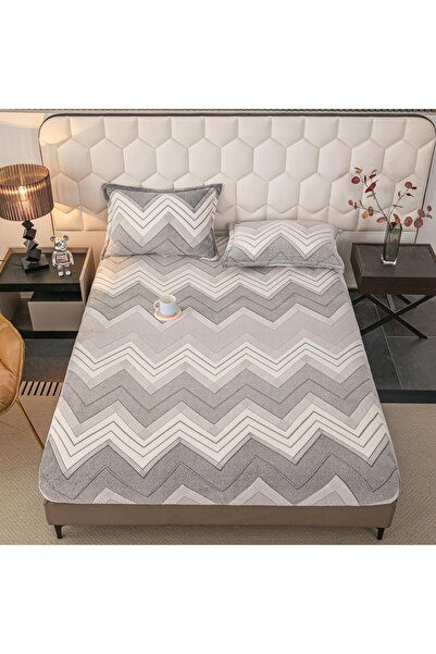 JOJO HOME Husa de Pat Cocolino Gri cu Model Zig-Zag | 3 Piese | Elastic Perim...