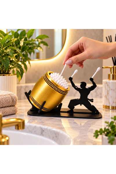 PİYATECH Cotton Swab Holder – Decorative Drum Design Bathroom Organizer - Gold
