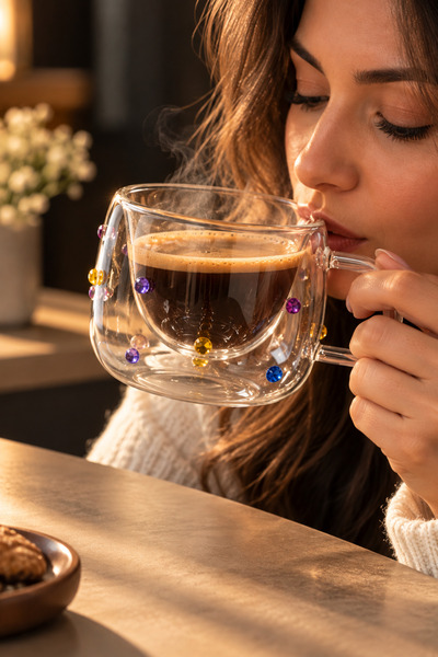 Karçiçeği Home 190 ml Çift Cidarlı Boncuklu Cam Kupa – Renkli Boncuk Detaylı Kahve Bardağı