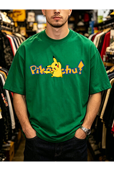 Arabest Men's 100% Cotton T-Shirt Green Pikachu Print