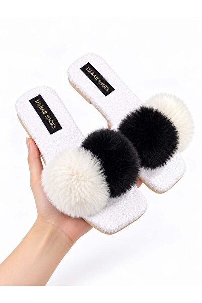 dabab shoes POMELLA Дамски бели плюшени домашни пантофи с двойни помпони, с л...