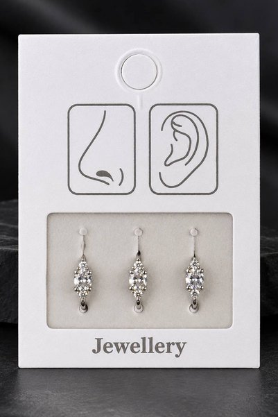 TAKIŞTIR Gümüş Renk Taşlı Deliksiz Kulak/Burun 3'lü Piercing Set