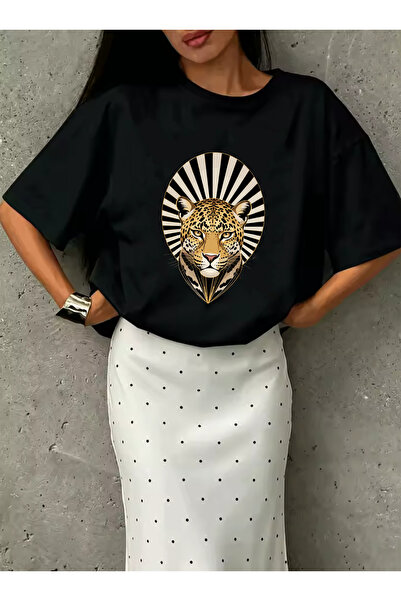 SUNFREE Leopard Printed Oversize Black Crew Neck Short Sleeve Tshirt
