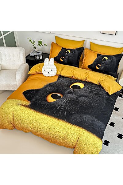 JOJO HOME Lenjerie de pat dublu din finet 5D Galben Mustar cu Pisica Neagra –...
