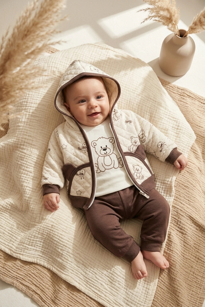 Babydonat Bebek Teddy Bear Kapüşonlu Kapitone Ceket, Pamuklu Body ve Ribanalı...