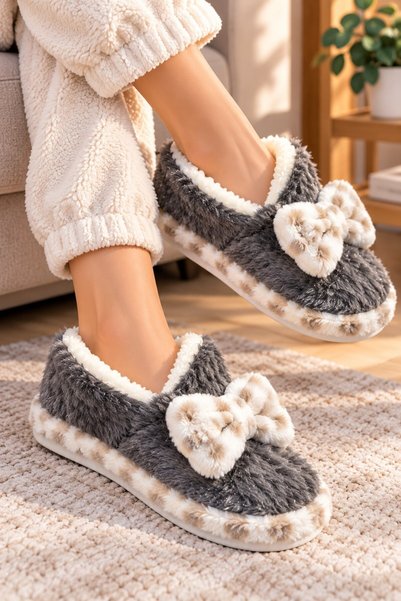 SAMURSPOR Women's - Girls' Ribbon Soft Furry Plush Slippers Home Boots Slippers
