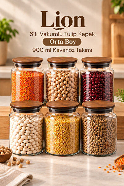 Fhilli Lion 6'lı Vakumlu Tulip Kapak Orta Boy 900 ml Kavanoz Takımı