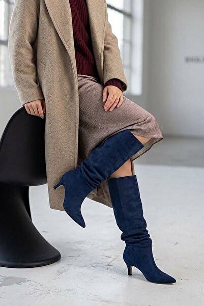 DİVOLYA Rumba Navy Blue Suede Bellows (7 cm Heel) Pull-On Casual Women's Boots