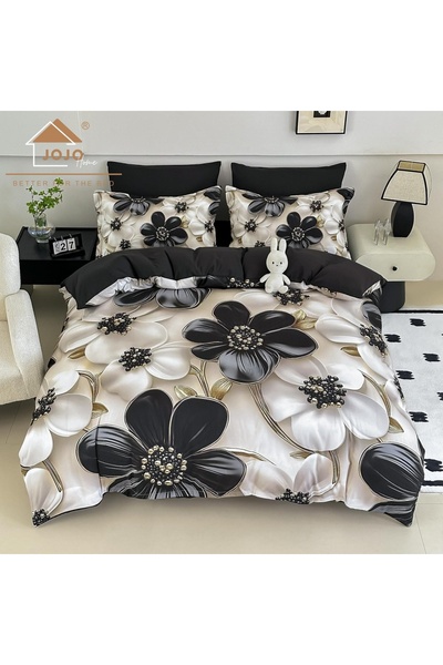 JOJO HOME Lenjerie de pat din finet 4 piese 🖤 Crem & Negru | Imprimeu digita...